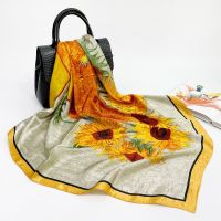 2021 New Silk Scarf Women Big Square Scarf 90cm Oil Painting Printing Sunflower Custom Satin Scarf