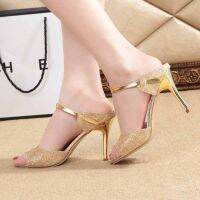 Womens Elegant Slides High Heels Shoes Sequins Peep Toe