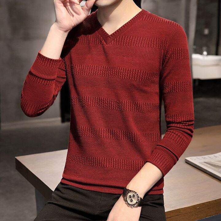 hnf531-sweater-for-men-solid-warm-comfortable-bottoming-shirt-v-neck-mens-slim-knitter-pullover-long-sleeve-korean-style-autumn-tops-2021-new