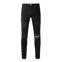 【CW】Mens Black Distressed Streetwear Fashion Slim Embroidered Letters Pattern Patchwork Damaged Skinny Stretch Ripped Jeans