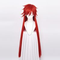 Kuroshitsuji Grell Sutcliff สีดำบัตเลอร์สีแดงทนความร้อนได้ยาวตรงวิกผมคอสเพลย์วิกผมปลอมกับกะโหลกโซ่แว่นตา