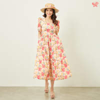 Woman Puff Sleeves Firework Dress เดรสยาวลายดอกคอเหลี่ยม แขนพอง จากผ้าป่าน Extra Fine Cotton Lawn (Cotton 100%) เป็นผ้าเนื้อเรียบ เนียนนุ่ม ผ้าบางเบาสวมใส่สบายที่สุด