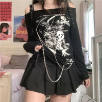 Y2k Dark Academia Grunge เสื้อยืด Chain E-Girl Gothic Skull Graphic พิมพ์ Pullover Tees Vintage Harajuku Emo Alt Sweats Top