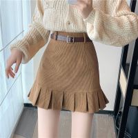 กระโปรงสั้น Corduroy A-line skirt ผู้หญิง เอวสูง สีดำ กระเป๋า กระโปรงสะโพก