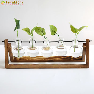 Letabitha แจกันพืชไฮโดรโปนิกสุดสร้างสรรค์สำหรับการตกแต่งบ้าน,แจกันดอกไม้แก้วใสพร้อมกรอบไม้วางบนโต๊ะ5ขวด
