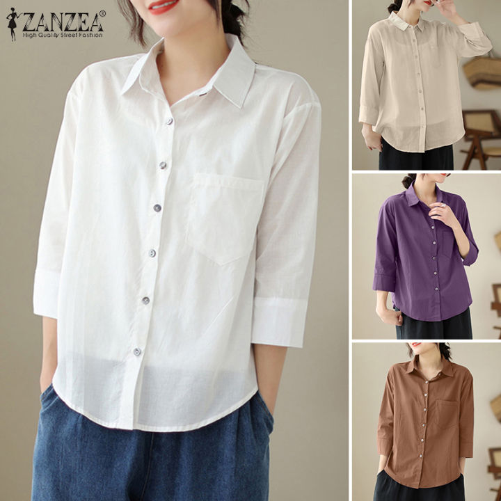 สินค้ามาใหม่-จัดส่งฟรี-fancystyle-zanzea-เสื้อลำลองแขน3-4ของผู้หญิง-เสื้อกระดุมคอเสื้อเปิด-ลง-8