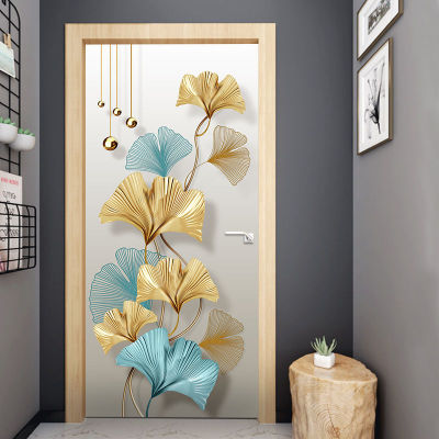 90X200ซม. Gold Palm Leaf สติกเกอร์ประตู3D วอลล์เปเปอร์ PVC สติกเกอร์ประตูวอลล์เปเปอร์สำหรับห้องนั่งเล่นห้องนอน Decor Self-Adhesive ที่ถอดออกได้