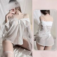 Cute Girl Sexy Lingerie Pajamas Shirt Off Shoulder Pearl White See Through Sleep Tops Sweet Thin Pajama Sets for Women Sleepwear