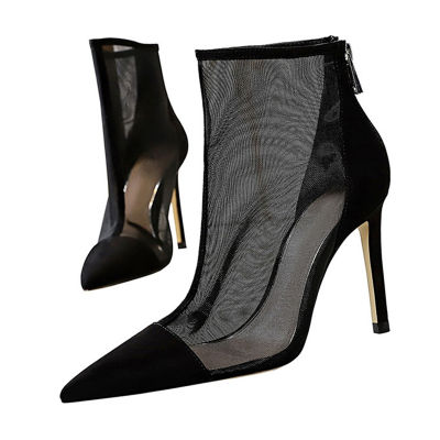 Spring Autumn New y Mesh Ankle Boots Women Pointed Toe Stiletto Heels Fashion Zip Ladies Party Shoes Size 34-40 Women Shoes