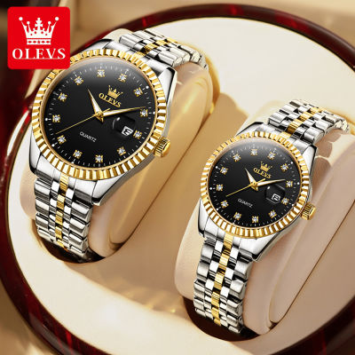 นาฬิกาคู่รักแฟชั่นของ OLEVS สำหรับผู้ชายและกันน้ำสำหรับผู้หญิง2023 Relo ของแท้ปฏิทินคู่นาฬิกาหรูหราสแตนเลสเรืองแสง