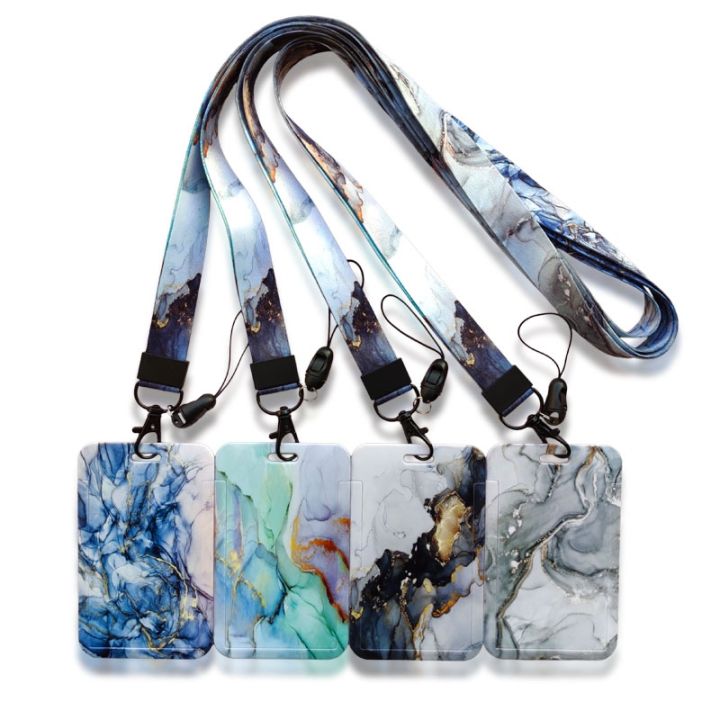 hot-dt-marble-pattern-lanyard-id-badge-card-holder-office-worker-cardholder-cover-credit-protector