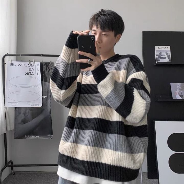 codtheresa-finger-mens-sweater-striped-color-matching-sweater-mens-autumn-winter-ins-trendy-loose-bottoming-top-retro-round-neck-hong-kong
