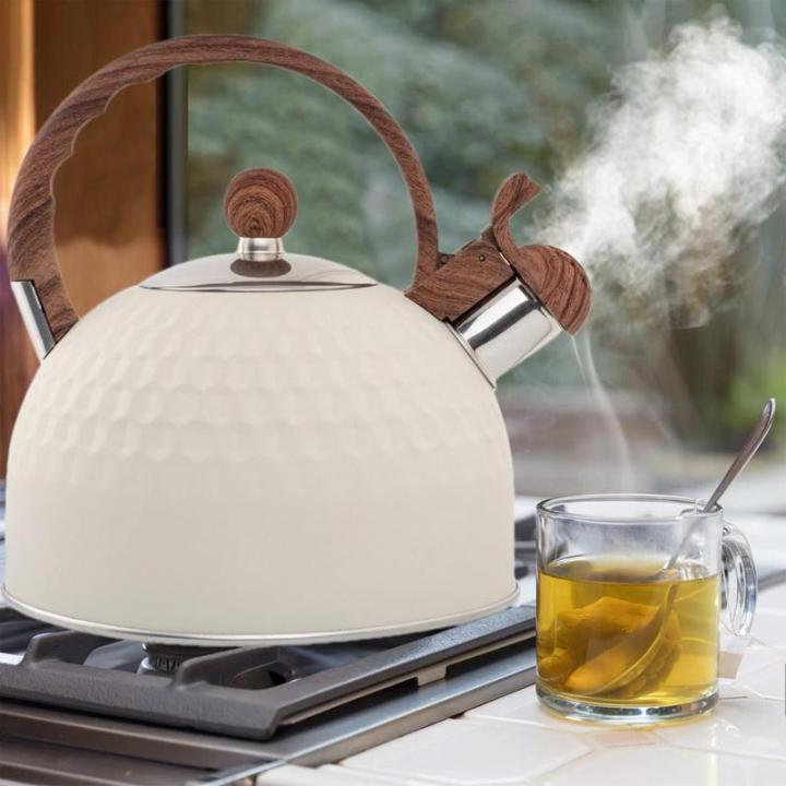กาน้ำชาสแตนเลสสตีลกาน้ำชามีเสียงหวีดสำหรับเตาเครื่องทำน้ำอุ่น2-5ลิตรพร้อมที่จับหุ้มยางเหมาะสำหรับ-guanpai4ในบ้าน