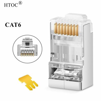 HTOC Cat6 Pass Through Shielded Connectors RJ45 Pass Through Modular Plugs Gold Plated 3 Prong 8P8C For UTP Stranded Cable