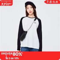 GIORDANO Women T-Shirts Contrast Color Horn Sleeve 100% Cotton Casual T-Shirts Letter Print Crewneck Simple Basic Tee 13322750