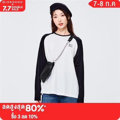 GIORDANO Women T-Shirts Contrast Color Horn Sleeve 100% Cotton Casual T-Shirts Letter Print Crewneck Simple Basic Tee 13322750