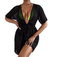 FN946N New Bohemian Women Sheer Mesh Cover Up Shorts Beach Wrap Bikini Wraps Solid Color Pom Sheer Chiffon Cover-Ups For Swimw