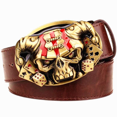 Wild Mens leather belt skull Joker Poker card metal buckle belts demon clown skull exaggerated style belt hip hop waistband