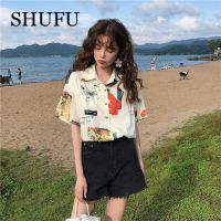 SHUFU 2301 สต็อกพร้อม สไตล์เกาหลี แขนสั้น เสื้อสำหรับผู้หญิง เสื้อลายดอกไม้ พลัสไซส์ ปก เสื้อชีฟอง