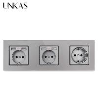 ♧☫❦ UNKAS Gray 3 Gang Russia Spain EU Standard Grey Socket 4 USB Charge Port Hidden Soft LED Indicator Tempered Glass Panel Outlet