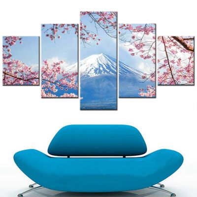 Zhangyanhui2 Mount Fuji Snow Peak Cherry Blossoms 5แผง Wall Art ผ้าใบพิมพ์สำหรับตกแต่งห้อง5ชิ้น