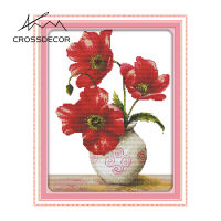 Crossdecor Cross Stitch ชุดด้วยวัสดุชุดดอกไม้พิมพ์11CT 14CT ประทับตราผ้าปักปักชุด Diy Dmc Craft Handmade Home ตกแต่งสำหรับศาลาผนังบานป๊อปปี้ข้าวโพด