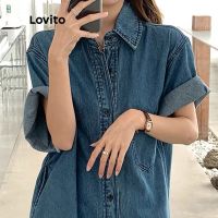 Lovito ชุดเดรสยีนแขนสั้นลําลอง แต่งกระเป๋า สําหรับผู้หญิง LNA09005 (สีฟ้า)