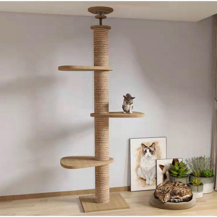 Cat Tree Wooden Floor-to-Ceiling Cat Tree Tower Scratching Post Cat ...