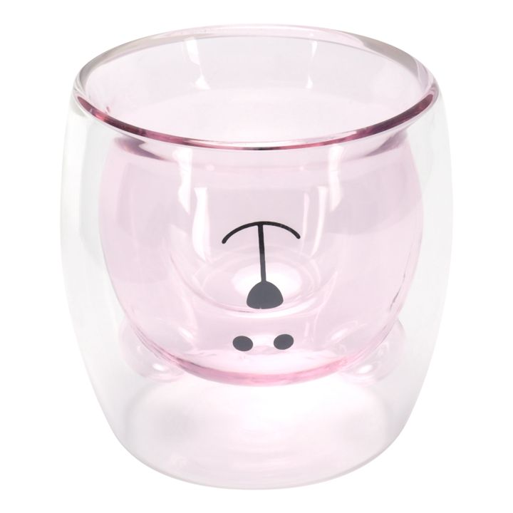 แก้วสองชั้นรูปหมีลายการ์ตูน250มล-แก้วน้ำแก้วน่ารักสำหรับน้ำชากาแฟนมสีชมพู