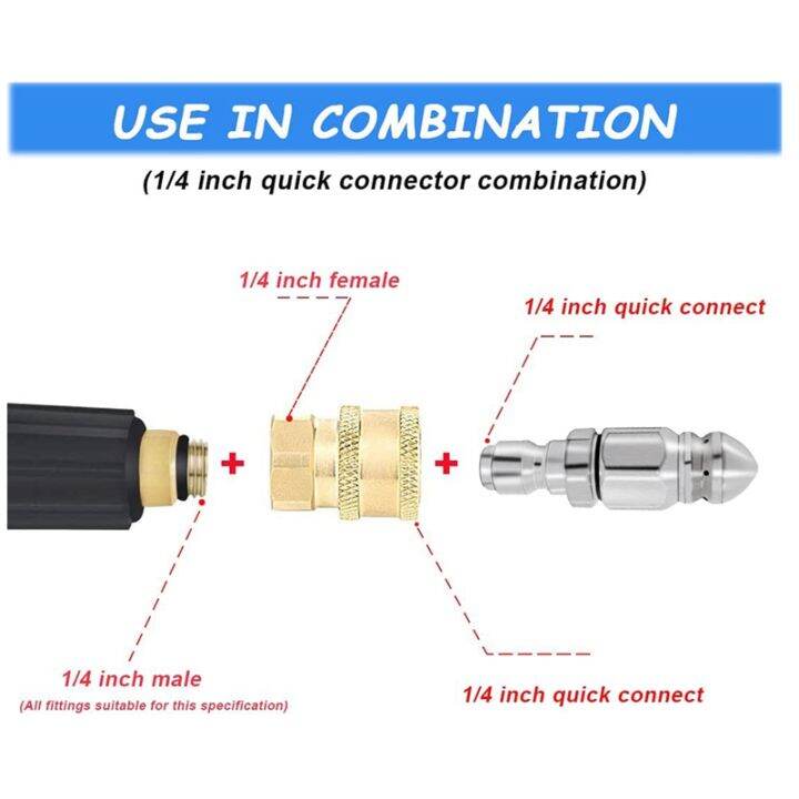 2pc-5000psi-sewer-jet-nozzle-with-pressure-washer-coupler-brass-fittings-quick-connector-1-4-inch-connect-to-female-npt