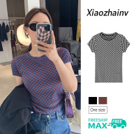 Xiaozhainv Phong cách Hàn Quốc retro thời trang kẻ sọc ngắn tay áo thun nữ hàng đầu thumbnail