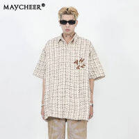 MAYCHEER ฝ้ายลินินแขนสั้นปักเสื้อเชิ้ตลายสก๊อตทอแบบโบราณลำลองสำหรับผู้ชายและผู้หญิง