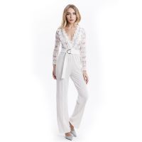 Fashion Deep V Neck Lace Splicing Long Sleeve Wide Leg Casual Jumpsuits