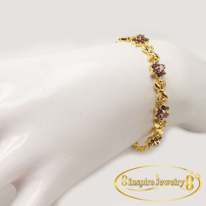 inspire-jewelry-สร้อยข้อมือ-พลอยsaphire-ม่วง-ประดับเพชรcz-รูปดอกไม้-และดาว-ตัวเรือนหุ้มทองแท้-24k-พร้อมกล่องทอง-งาน-design-งานจิวเวลลี่หรู-ขนาด-18cm