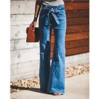 【YD】 Tie Waist Jeans Denim Trousers 2021 spring Pants Belted Stretchy Wide Leg