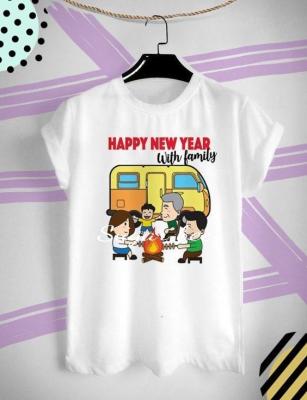 เสื้อยืดลาย สวัสดีปีใหม่ Happy New Year with Family 2020 ปีหนู 2563 สีสันสดใส มีสีขาวกับเทา ใส่สบาย ไม่ยืด ไม่ย้วย