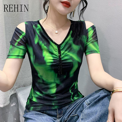 REHIN เสื้อแฟชั่นสไตล์เกาหลีแบบใหม่คอวีของผู้หญิง,เสื้อยืดแขนสั้นเปิดไหล่ประดับลูกปัด