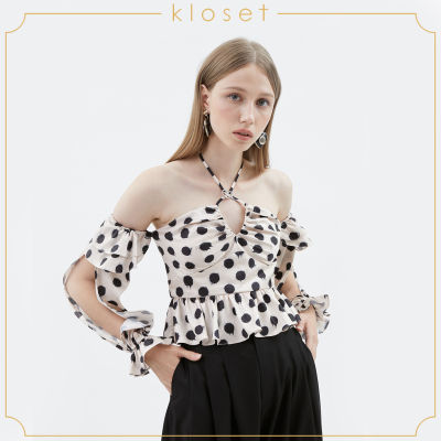 KLOSET Off-shoulder  TOP (PF21-T001) เสื้อปาดไหล่ ผูกคอ ผ้าลายจุด ชายเสื้อแต่งระบาย เสื้อแขนยาว เสื้อผู้หญิง เสื้อผ้าแฟชั่น