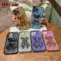 WFCase สำหรับ iPhone 14 Pro Max Plus 13 Pro Max 12 Pro Max 11 Pro Max 8 7 6 Plus เคสเคสลายกากเพชรชุบไฟฟ้าขนาดเล็กหมีน้อยน่ารักเคสโทรศัพท์เคสป้องกันกล้องเต็มรูปแบบ