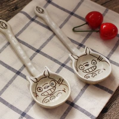 Japanese Hand Drawn Cartoon Cat Clay Spoon Handmade Ceramic Dessert Spoons Small Rice Soup Spoon Kitchen Tableware Coffee Scoop Serving Utensils