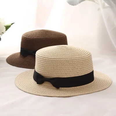 【CC】New  Summer Women Boater Beach Hat Female Casual Panama Hat Lady Ribbon Classic Bowknot Flat Sun Hat Women Fedoras Travel