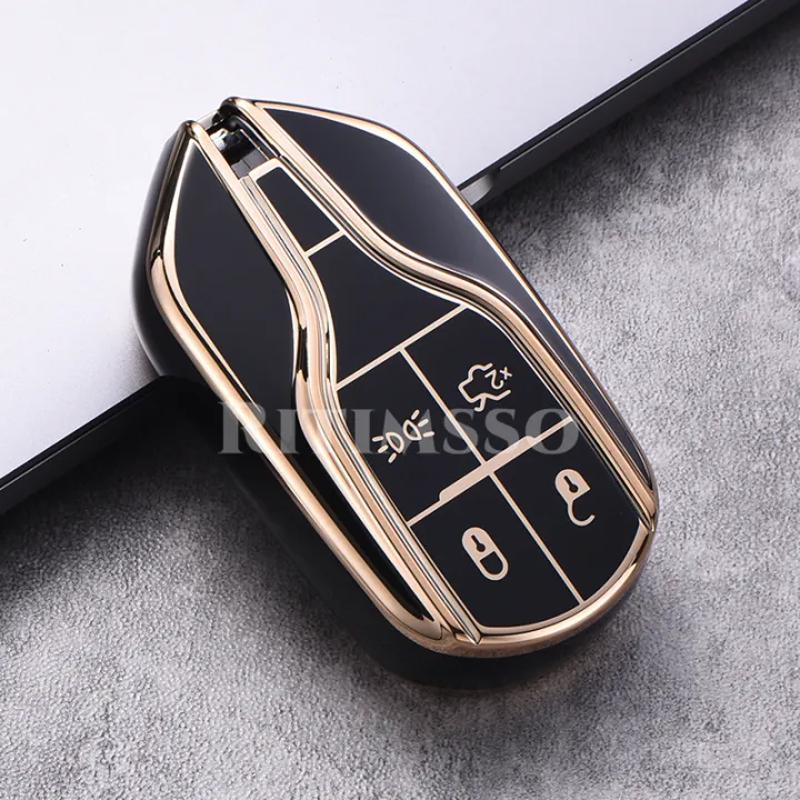 Ontto Cover Per Chiave Maserati (Levante, Ghibli, Quattroporte, GT) In TPU Con Bordo Dorato, Grigia, 4 Tasti