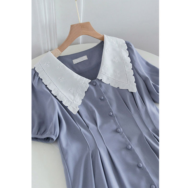 blue-dress-summer-for-women-chiffon-french-casual-vintage-elegant-preppy-style-puff-sleeves-doll-collar-midi-shirtdress-new