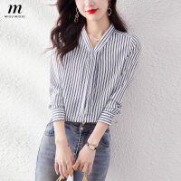 MISUMIXIU เสื้อเนคไทเกาหลีด้านหน้าสำหรับผู้หญิงเสื้อเชิ้ตแขนยาวลายทางแขนยาวสีน้ำเงินสำหรับฤดูใบไม้ผลิ2023