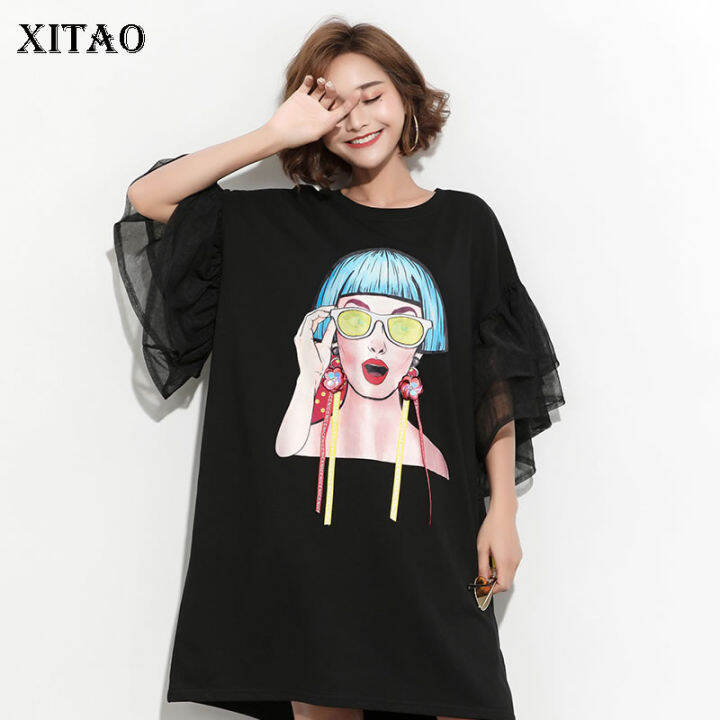 xitao-dress-ribbon-cartoon-pattern-mesh-dress