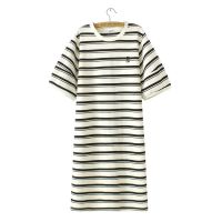 【มีไซส์ใหญ่】Plus Size 2XL-4XL Womens Short Sleeve Striped Summer Dress Oversized Casual Long Female Dresses Fashion Beige Black Vestidos