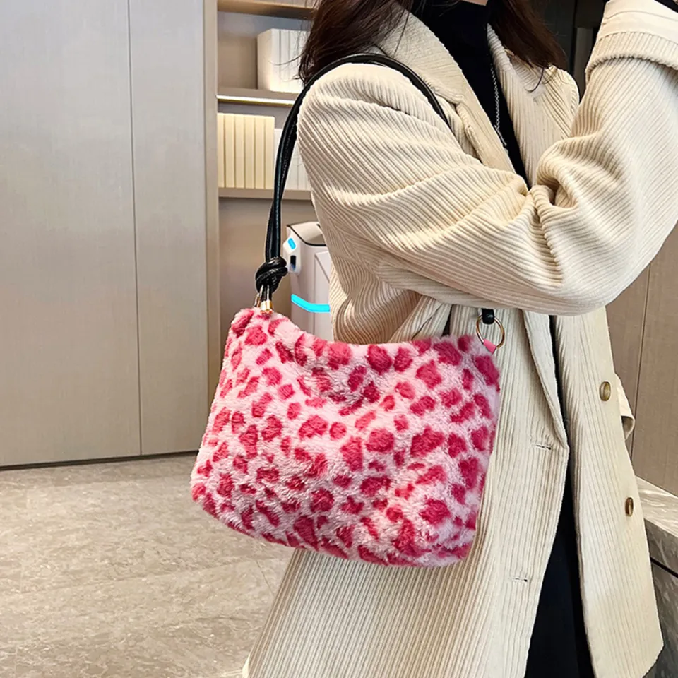 Women's Bags 2022 New Trend Faux Fur Hand Bags Pink Leopard Print