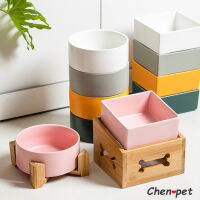 5สีชามสุนัขเซรามิกพร้อมขาตั้งไม้ไผ่ French Bulldog ป้อนอาหาร Cat ภาชนะบรรจุอาหาร Luxury Nordic Pink Supplies