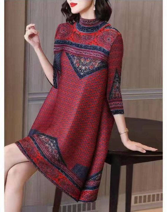 miyake-คอเต่าชุดผู้หญิงแบบจับจีบผู้หญิงอารมณ์ชุดพิมพ์ลายสายขนาดพิเศษวินเทจเสื้อผ้าอินดี้60367