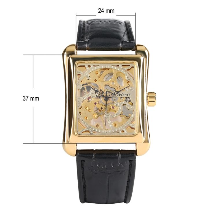 men39นาฬิกาข้อมือกลไกพร้อมนาฬิกาข้อมือกรอบสีทองทรงสี่เหลี่ยมผืนผ้าสายหนังนาฬิกาข้อมือแบบโครงกระดูก